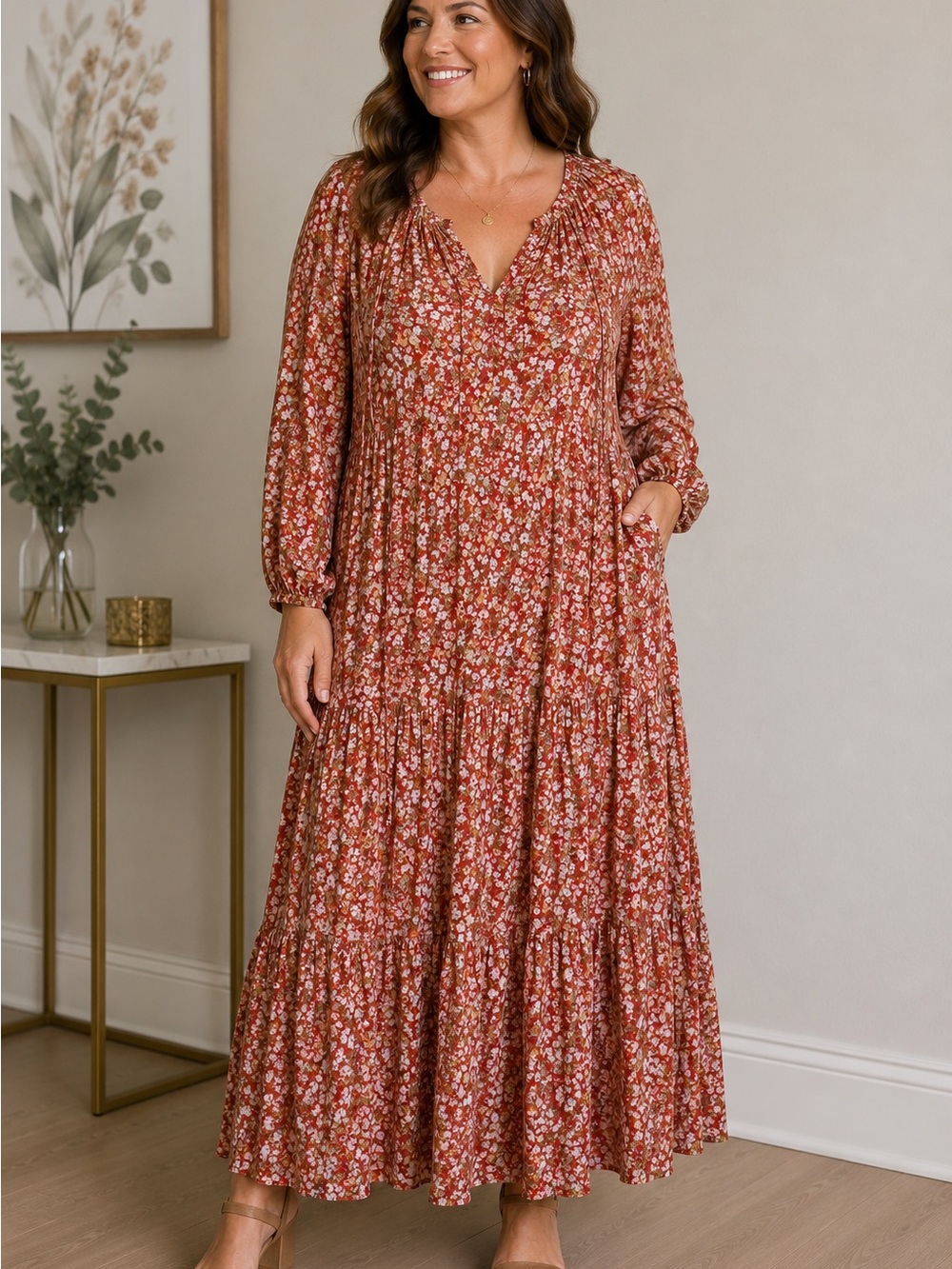 Sonoma Rust Floral Tiered Maxi Dress